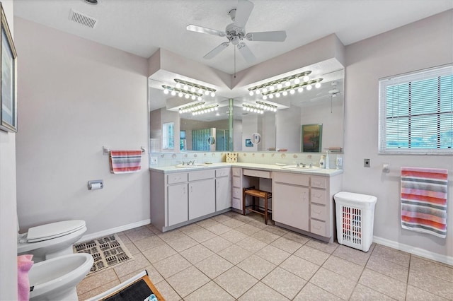 bathroom featuring tile patterned flooring, a bidet, ceiling fan, vanity, and toilet