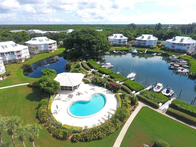 drone / aerial view with a water view