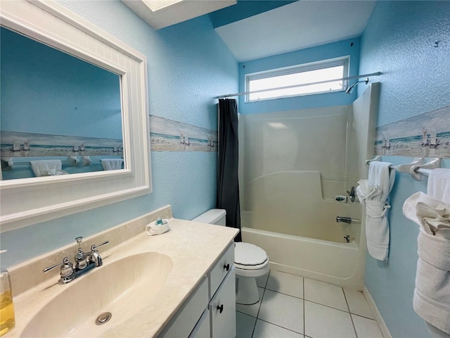 full bathroom with toilet, shower / bath combo, vanity, and tile patterned floors