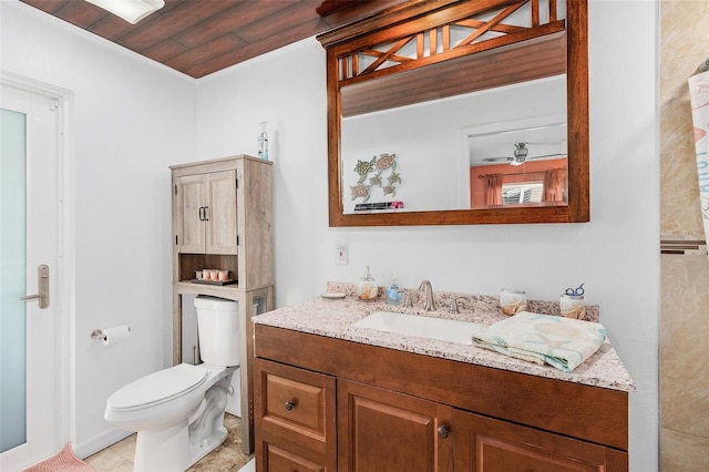 bathroom featuring vanity, wood ceiling, and toilet