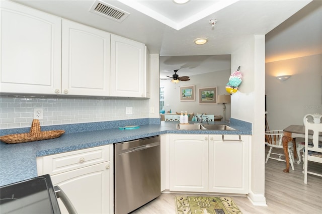 kitchen with ceiling fan, sink, white cabinets, and stainless steel dishwasher