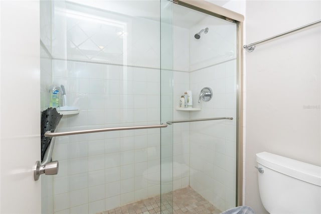 bathroom featuring a shower with shower door and toilet