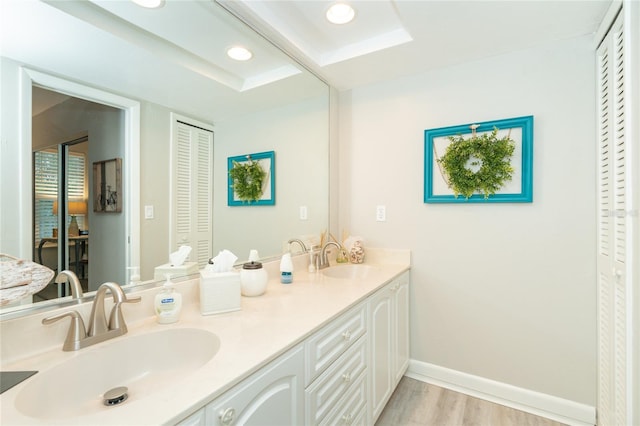 bathroom featuring a raised ceiling, vanity, and hardwood / wood-style flooring