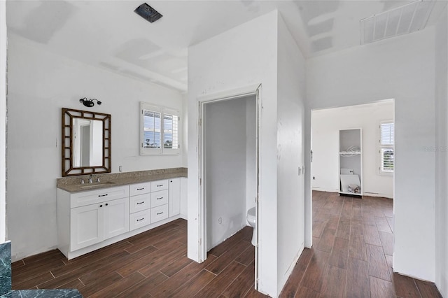 bathroom featuring a wealth of natural light, vanity, hardwood / wood-style flooring, and toilet