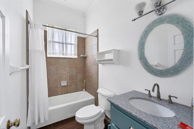 full bathroom featuring toilet, shower / bath combination with curtain, ornamental molding, hardwood / wood-style floors, and vanity