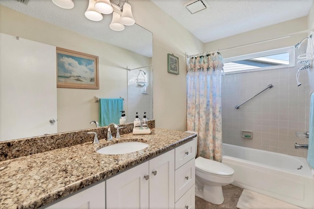 full bathroom featuring vanity, a textured ceiling, tile flooring, toilet, and shower / bath combination with curtain