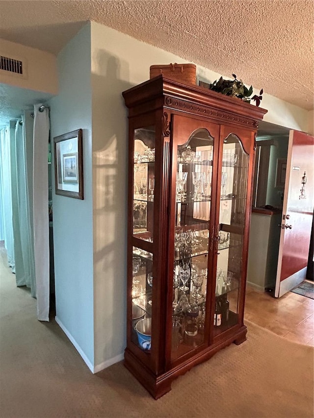 entryway with carpet flooring and a textured ceiling