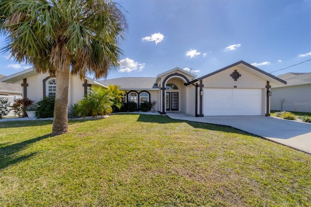 ranch-style house with a front yard and a garage