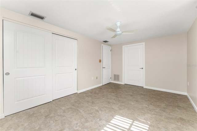 unfurnished bedroom with a closet, ceiling fan, and light tile flooring