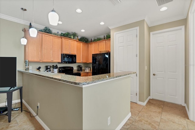 kitchen featuring light tile floors, decorative light fixtures, black appliances, crown molding, and light stone counters