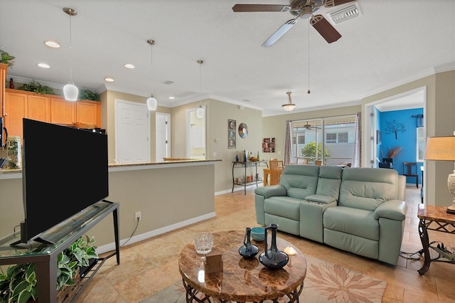 living room featuring crown molding, ceiling fan, and light tile floors