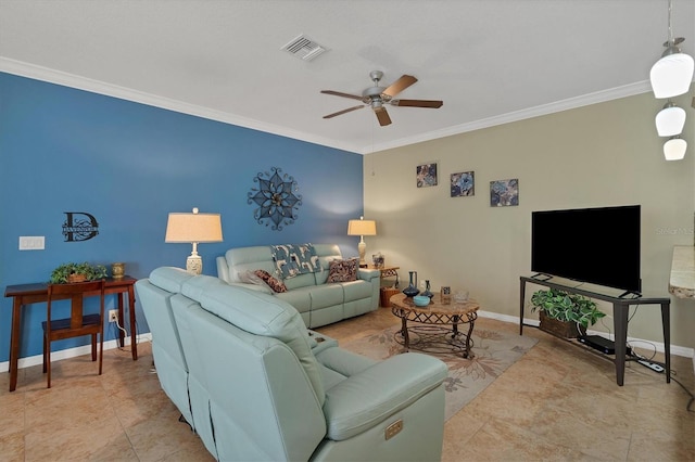 living room featuring crown molding, ceiling fan, and light tile flooring