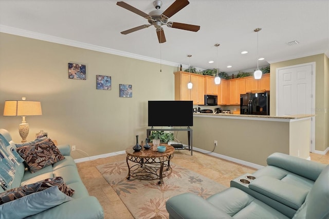 living room featuring light tile floors, ceiling fan, and ornamental molding