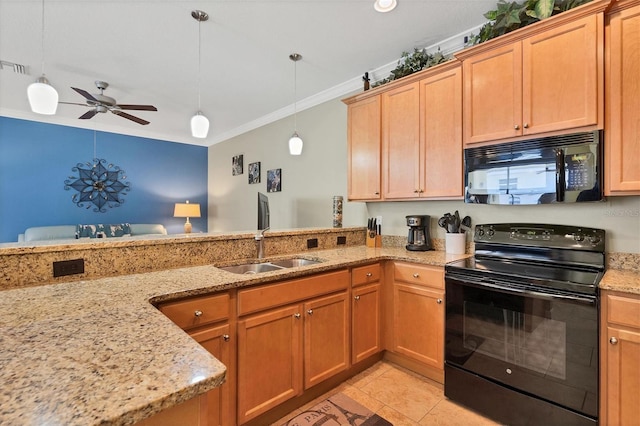 kitchen featuring light stone countertops, decorative light fixtures, ceiling fan, black appliances, and light tile flooring