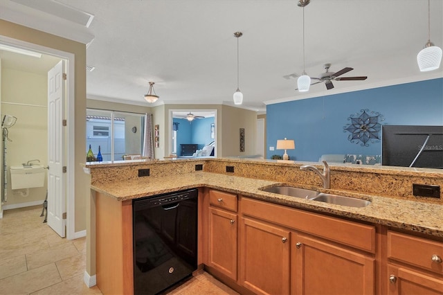 kitchen featuring ceiling fan, sink, light tile floors, dishwasher, and pendant lighting