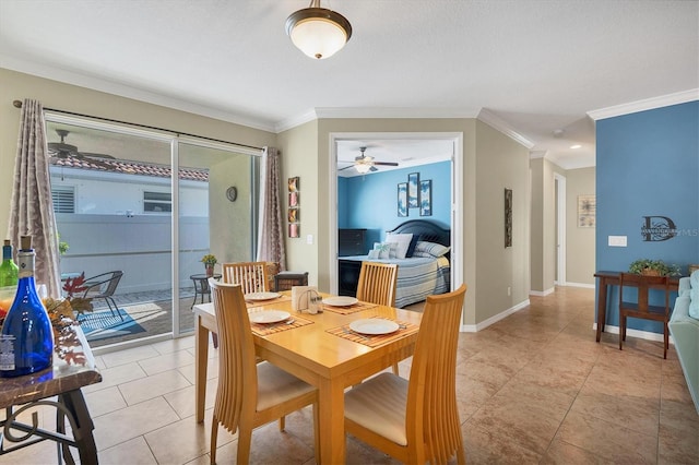 dining area with light tile floors, ceiling fan, and crown molding