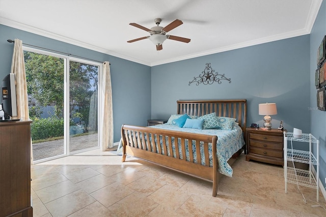 bedroom with access to outside, crown molding, ceiling fan, and light tile flooring