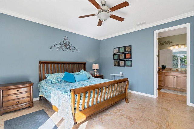 tiled bedroom featuring crown molding, connected bathroom, ceiling fan, and sink