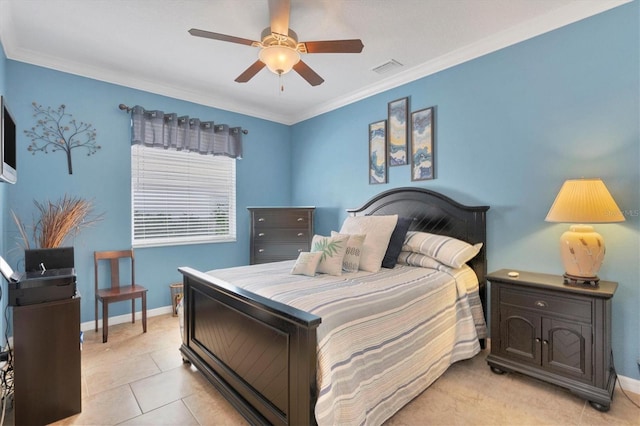 bedroom featuring crown molding, ceiling fan, and light tile flooring