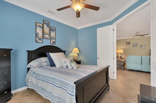 bedroom featuring crown molding, ceiling fan, and light tile floors