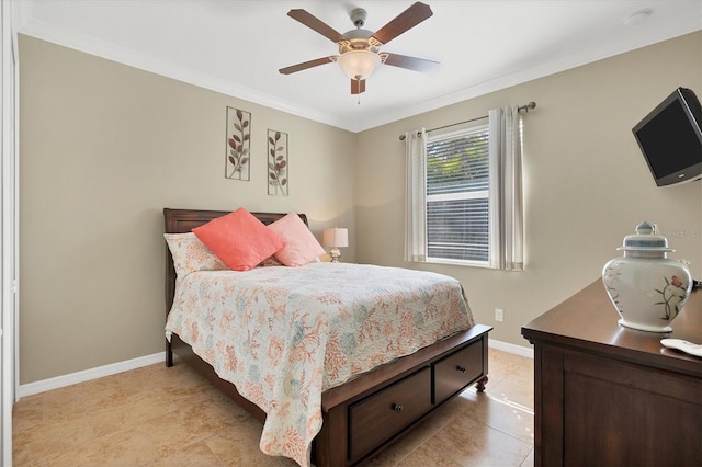 bedroom featuring crown molding, ceiling fan, and light tile flooring