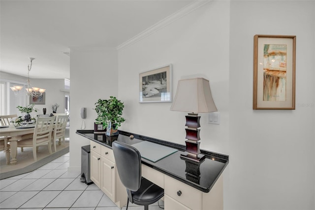 home office with light tile patterned floors, an inviting chandelier, and ornamental molding