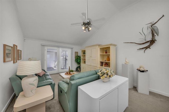 carpeted living room featuring high vaulted ceiling and ceiling fan