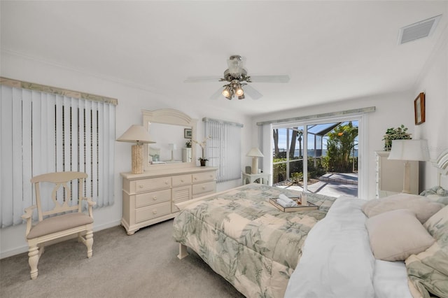 bedroom with access to exterior, ceiling fan, and light carpet