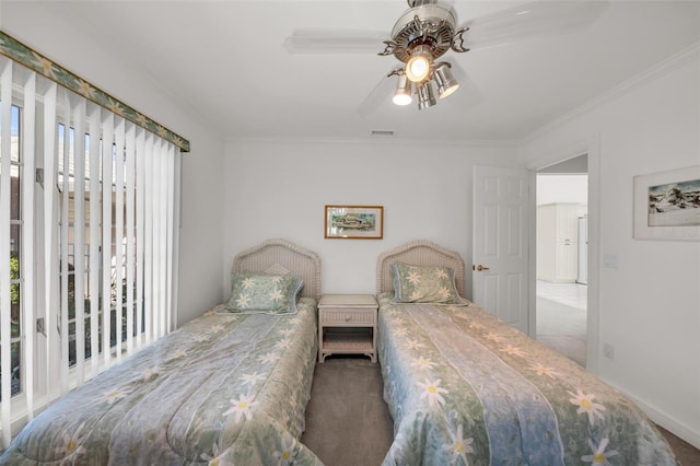 carpeted bedroom with multiple windows, ceiling fan, crown molding, and access to exterior