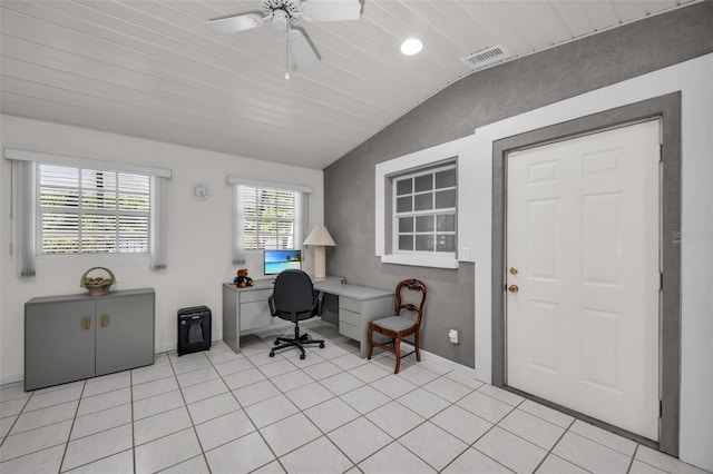 office space featuring ceiling fan, light tile patterned flooring, wood ceiling, and lofted ceiling