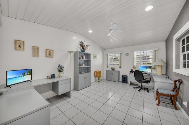 tiled office space with built in desk, vaulted ceiling, ceiling fan, and wooden ceiling