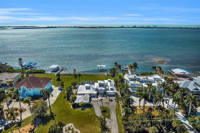 bird's eye view with a water view