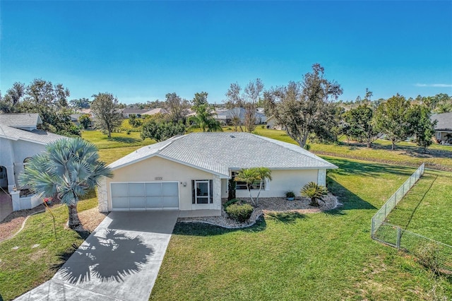 single story home with a front yard and a garage