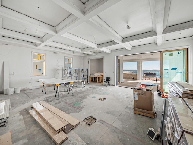 misc room featuring beam ceiling and coffered ceiling