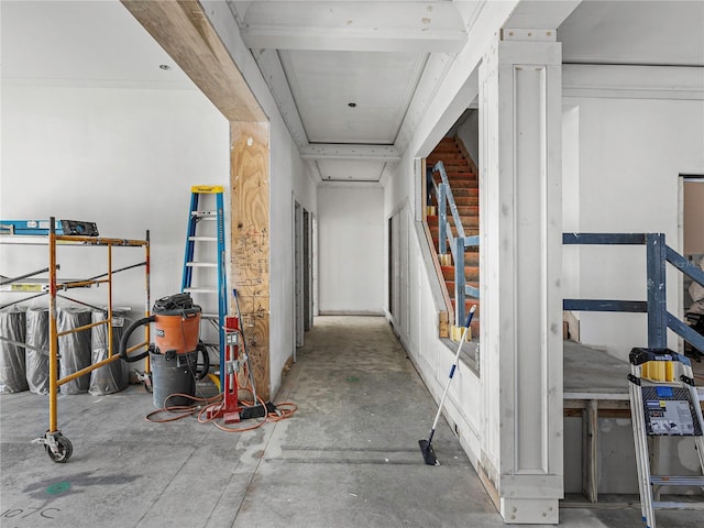 hallway with beam ceiling