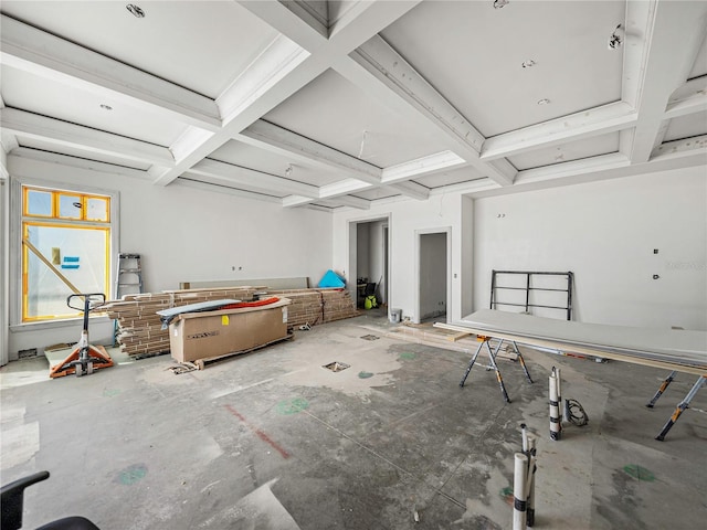 misc room featuring beamed ceiling and coffered ceiling