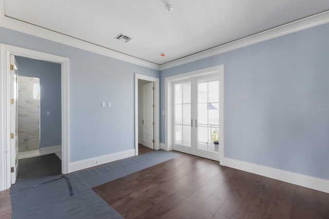 894 Hill Tide Ln, Boca Grande, FL 33921 - spare room with baseboards, french doors, dark wood-type flooring, crown molding, and a pendent fire sprinkler