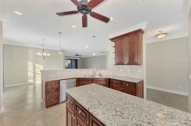 kitchen with a peninsula, a sink, decorative backsplash, dishwasher, and crown molding