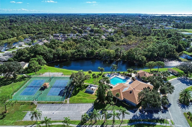 bird's eye view with a water view