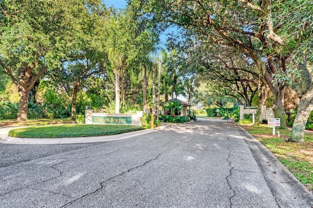 view of road with a gated entry and curbs