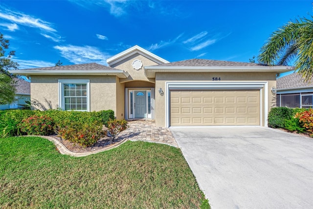 ranch-style house with a front lawn, concrete driveway, roof with shingles, stucco siding, and an attached garage