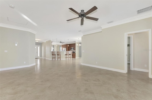 unfurnished living room featuring visible vents, baseboards, ceiling fan, and ornamental molding