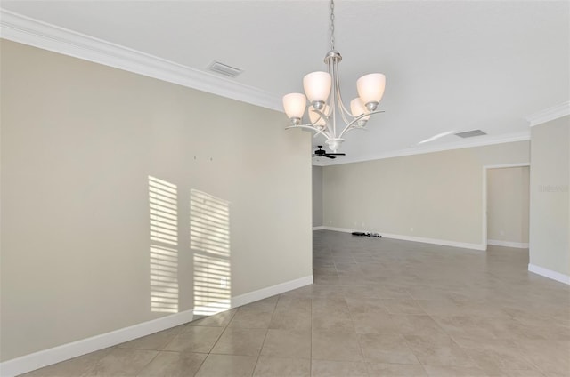 empty room featuring visible vents, baseboards, an inviting chandelier, and ornamental molding