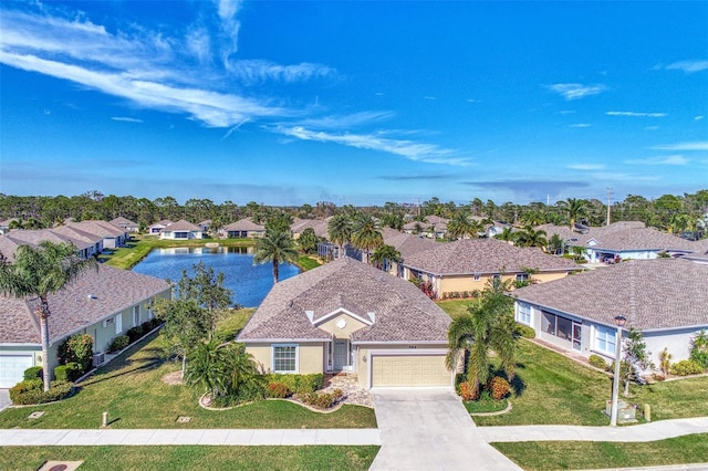 bird's eye view featuring a residential view and a water view