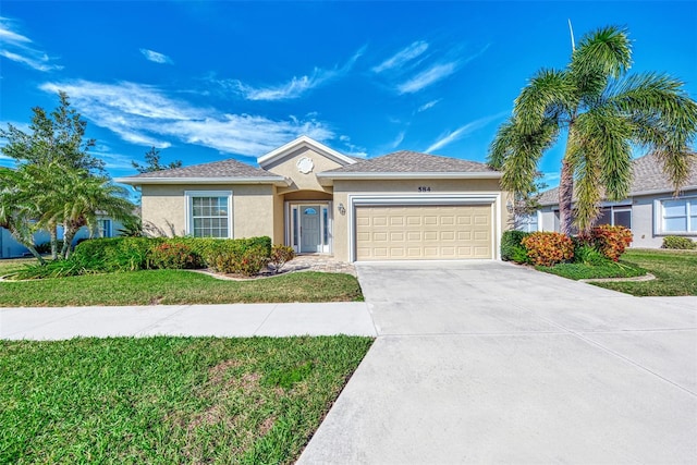 ranch-style house with stucco siding, driveway, a front yard, and an attached garage