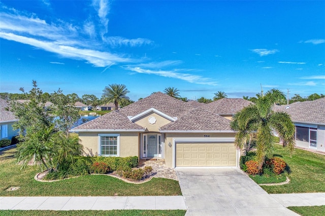 ranch-style home with stucco siding, a front lawn, concrete driveway, an attached garage, and a shingled roof