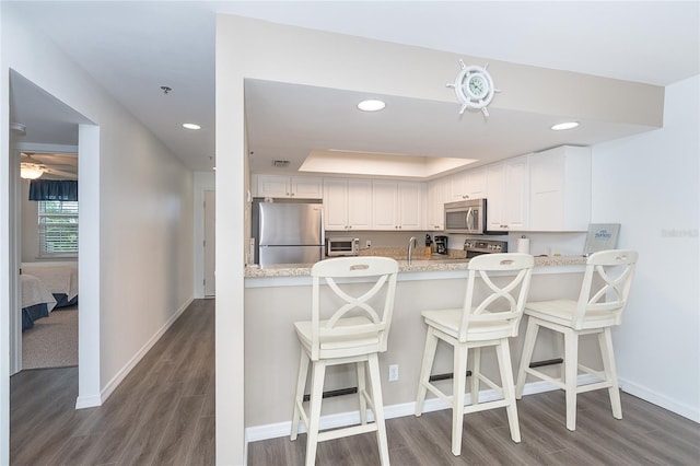 kitchen featuring stainless steel appliances, white cabinetry, and dark hardwood / wood-style flooring