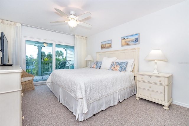 carpeted bedroom with access to exterior and ceiling fan