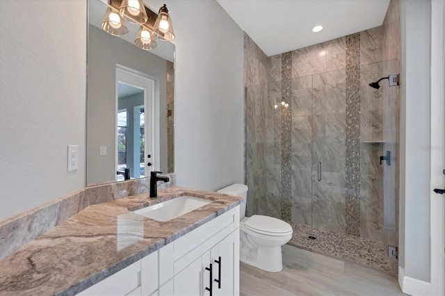 bathroom with vanity, a shower with shower door, and toilet