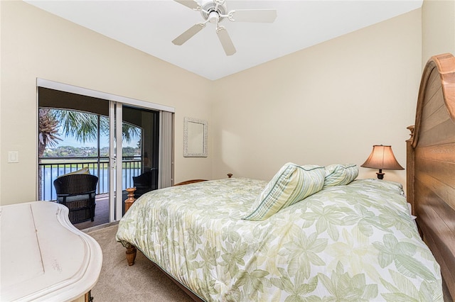 bedroom featuring access to exterior, carpet flooring, and ceiling fan